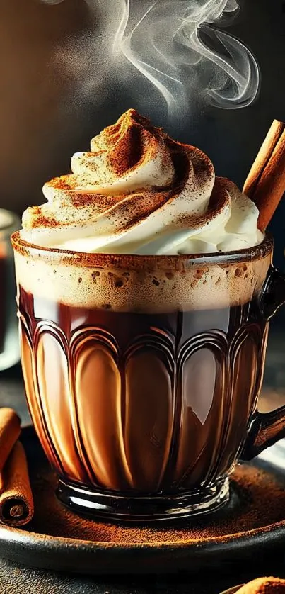 Cinnamon latte with whipped cream in a cozy setting.