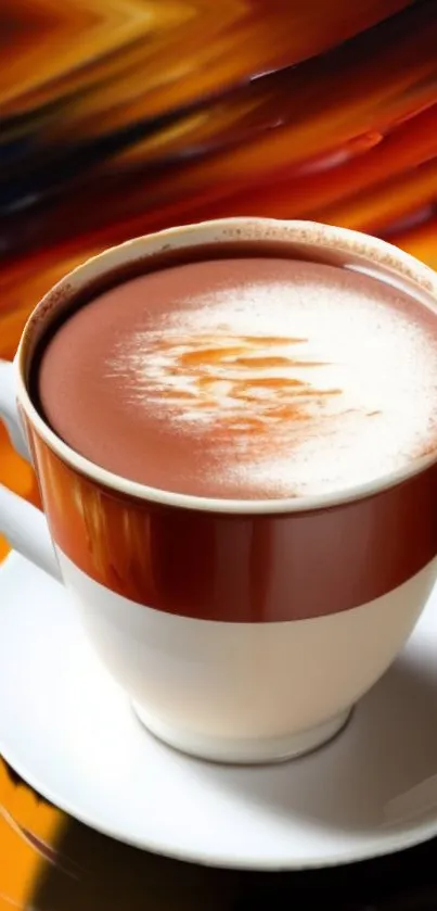 Warm coffee cup on vibrant orange abstract background wallpaper.