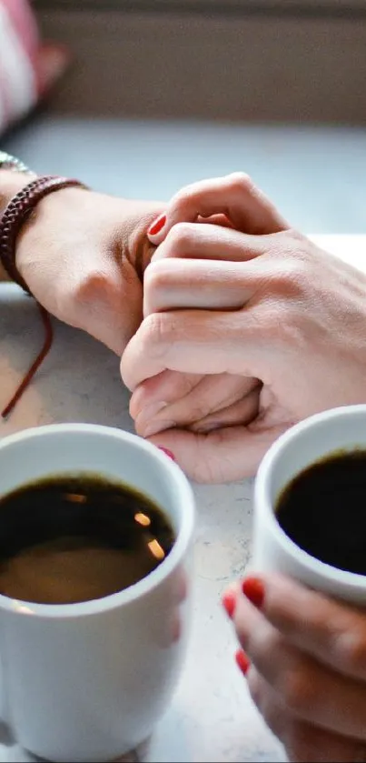 Couple enjoying coffee together, holding hands in a cozy setting.