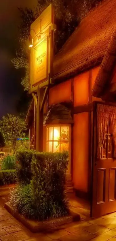 Mobile wallpaper of a warmly lit cottage at night with a charming garden path.