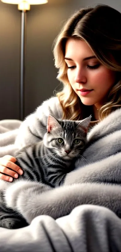 Woman and cat cuddling in a cozy blanket.