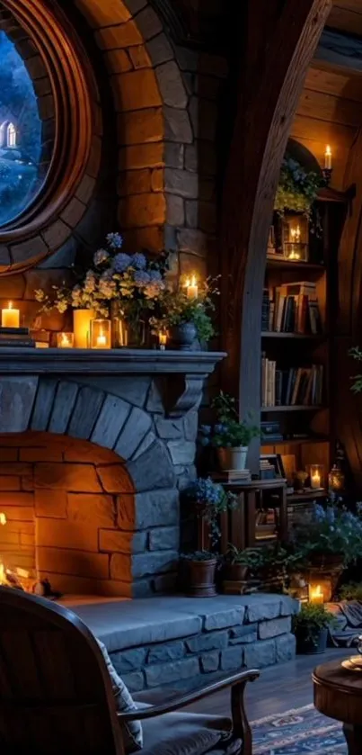 Cozy stone fireplace room with warm lighting.