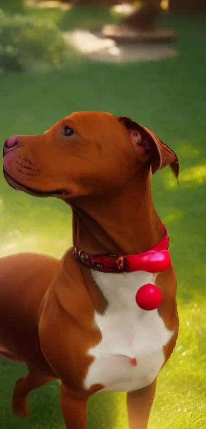 Brown dog with red collar in sunny garden scene.