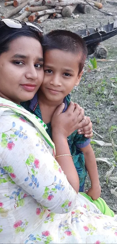 Mother and child embrace in a loving outdoor portrait.