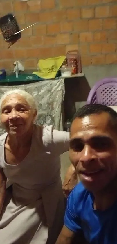 Elderly woman and man sharing a happy moment indoors.