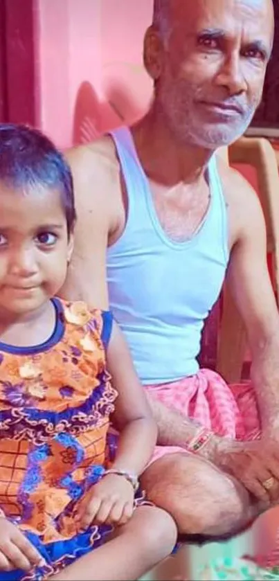 Heartwarming family moment with child and elder seated at home.