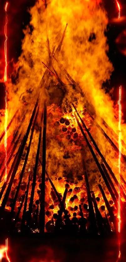 Vibrant bonfire with towering flames against a dark backdrop.