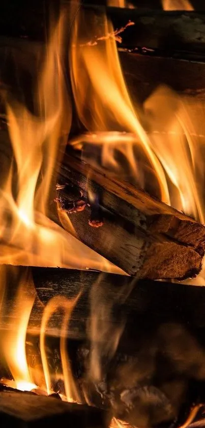 Close-up of vibrant orange flames on burning wood, creating a warm ambiance.