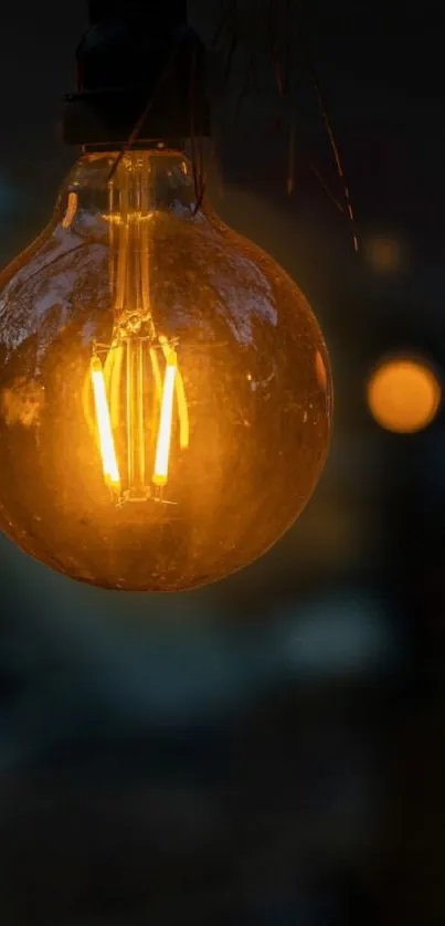 A warm glowing light bulb in a dark setting, perfect for phone wallpaper.