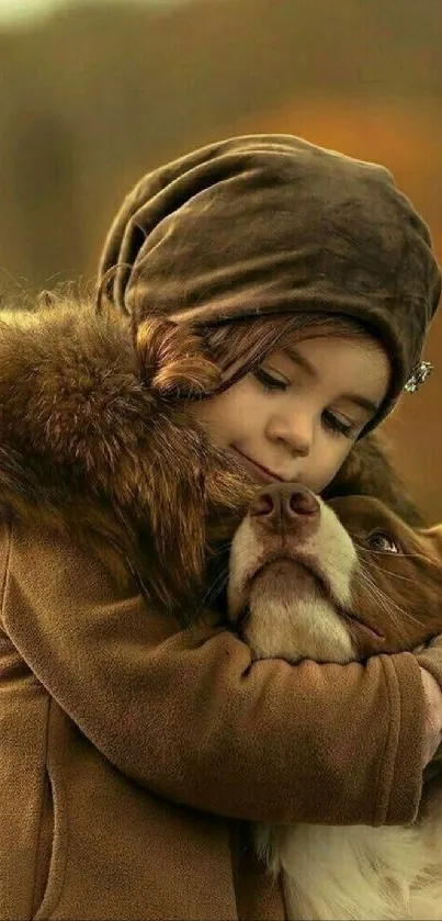 Child warmly hugs dog against rustic background.