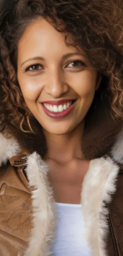 Person smiling in a brown jacket, exuding warmth.