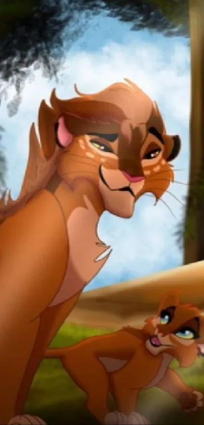 Lion and cub in a sunny jungle scene.