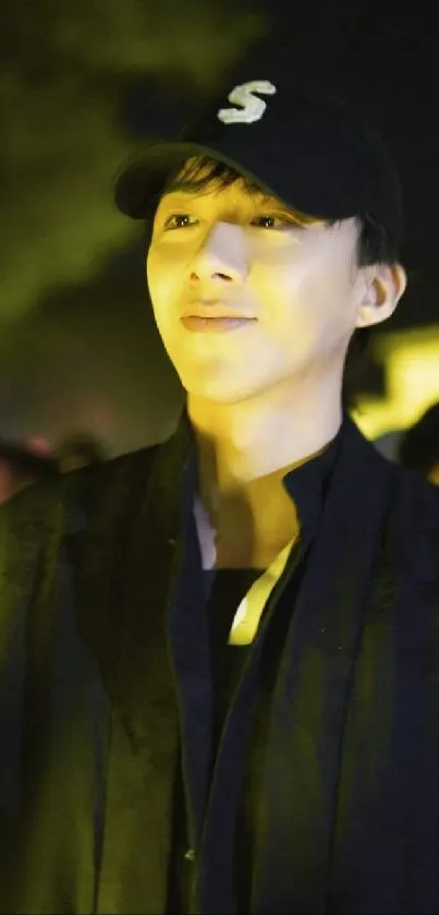 Person smiling warmly in ambient night lighting.