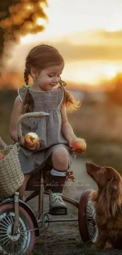 Young girl on tricycle with dog at sunset.