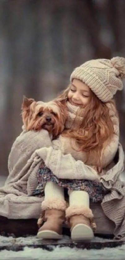 Child with dog in cozy winter setting.