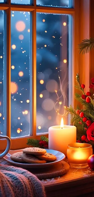 Warm winter scene with candles and Christmas decor by a window.