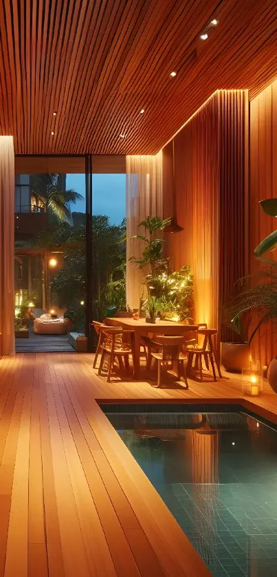 Warm wooden indoor oasis with serene lighting and pool view.