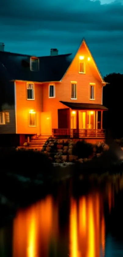 A warmly lit house reflects in calm night waters.