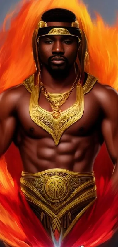 Warrior in golden armor surrounded by fiery flames.