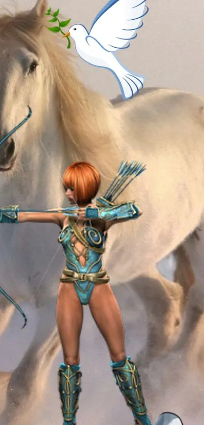 Fantasy warrior archer with horse and dove in ethereal art.