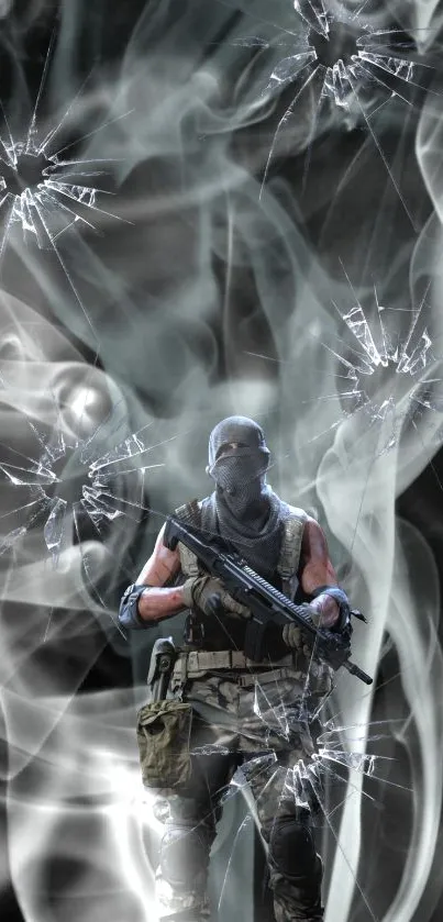 Masked warrior with rifle amidst smoke and cracked glass on a mobile wallpaper.