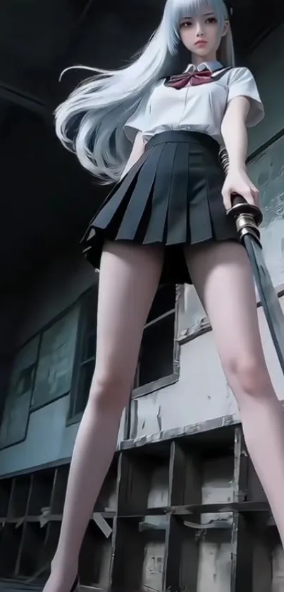 Anime girl holding a sword in a dynamic pose.