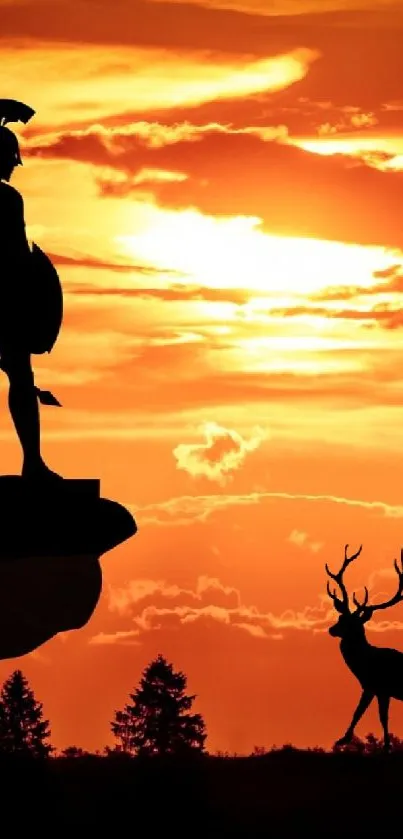 Warrior standing on a cliff at sunset with a deer nearby.