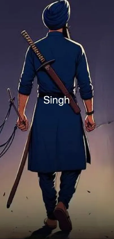 Artistic depiction of a turbaned warrior with sword, viewed from behind.