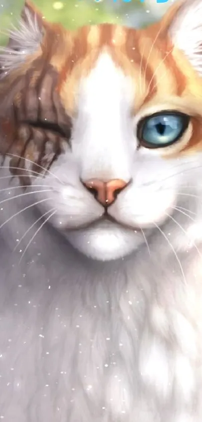 Artistic warrior cat with blue eye in serene nature backdrop wallpaper.