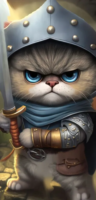 Fierce warrior cat in armor holding a sword.