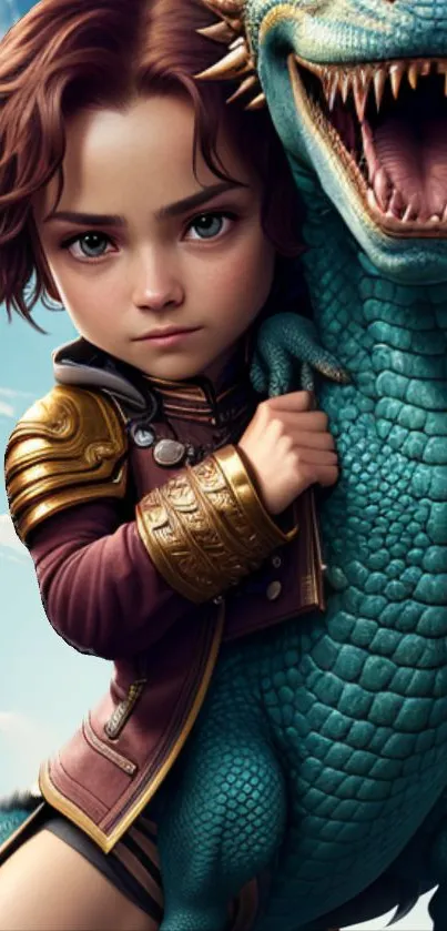 Child warrior holding a teal dragon, in a fantasy setting.