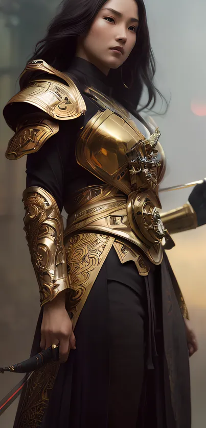 Elegant warrior in gold armor, wielding a sword against a misty backdrop.