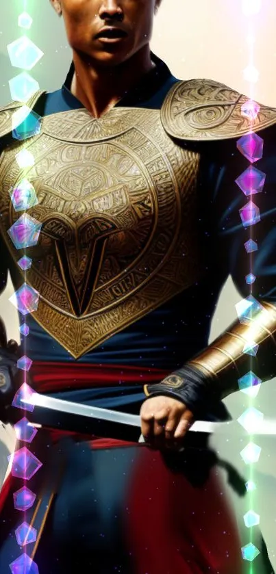 Epic warrior in gold armor holding a sword with colorful background.