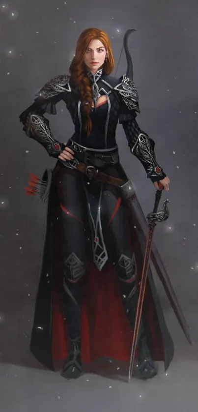 Fantasy warrior woman in dark armor with a sword.