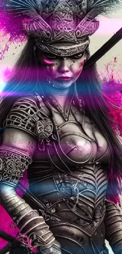 Fantasy warrior art with vibrant pink accents, intricate armor design.