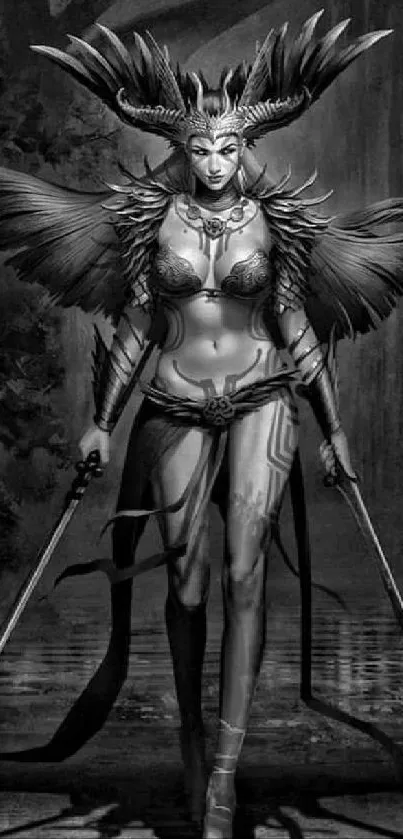 Black and white fantasy warrior with swords and mystical attire.