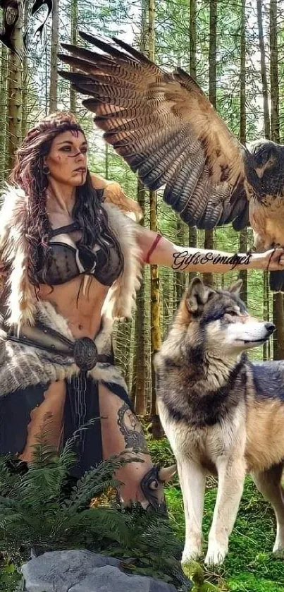 Warrior with wolf and eagle in a forest setting.