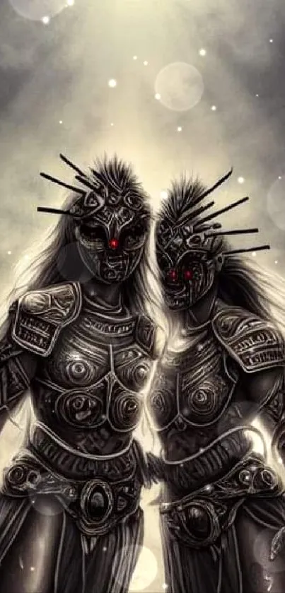 Fantasy art of two armored warriors with mystical lighting.