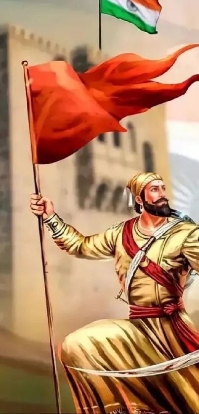 Warrior with red flag against historical backdrop.