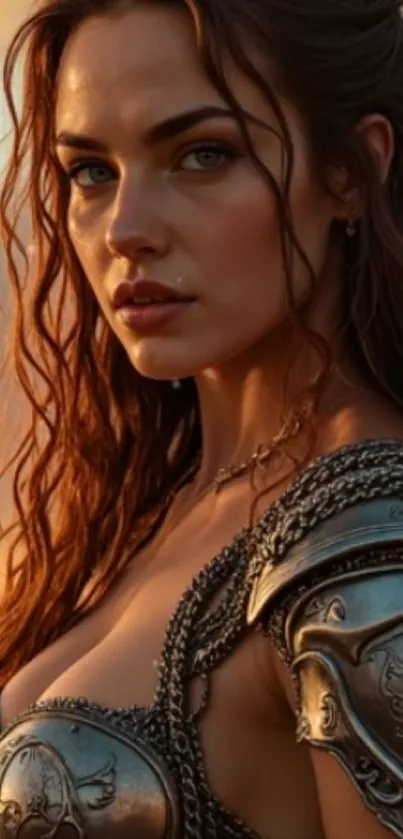 A fierce warrior woman in detailed armor under a sunset sky.