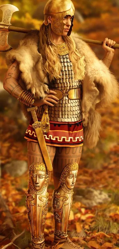 Epic warrior in armor amidst golden autumn foliage.