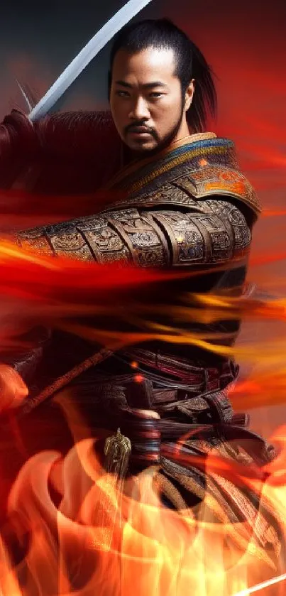 Fierce warrior in armor with swirling flames, holding a sword.