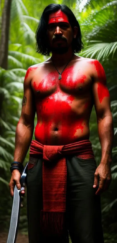 Warrior with red tribal paint stands in a lush jungle setting.