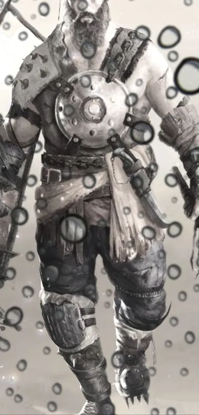 Monochrome warrior with raindrop overlay on wallpaper.