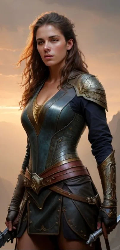 Female warrior in armor, set against a mystical mountain backdrop.