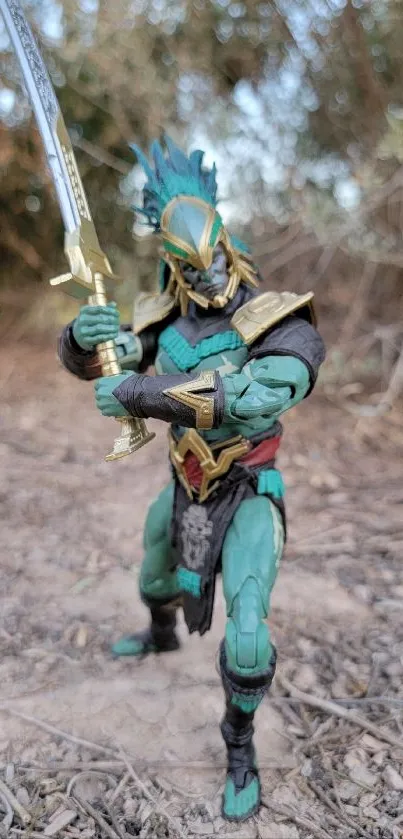 Warrior figurine with sword set against a natural forest background.