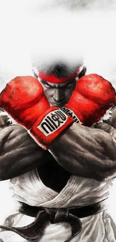 Warrior crossing arms with red boxing gloves and intense expression.