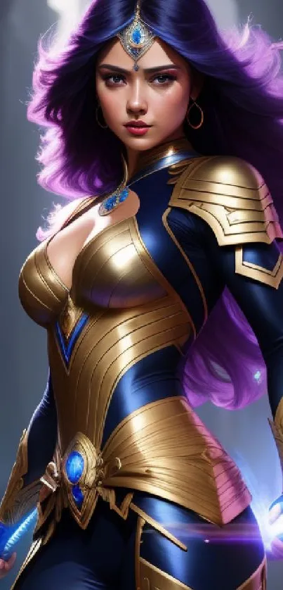 Warrior princess in golden armor with purple hair holding a glowing sword.