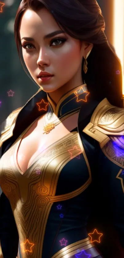 Fantasy warrior princess with golden armor and starry background.