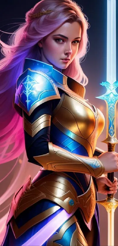 Fantasy warrior princess with glowing sword and flowing pink hair.